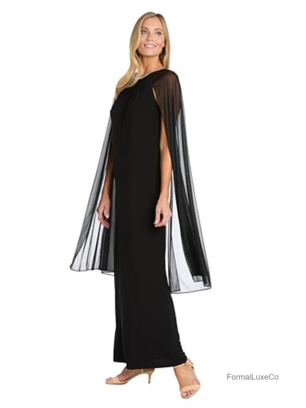 Elegant Sheath Evening Dress with Jewel Neck & Chiffon Cape Sleeves